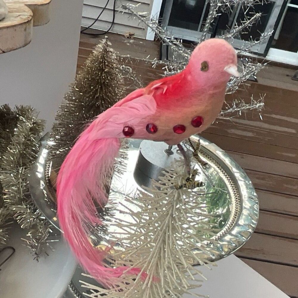 Vintage Pink Flocked Bird Christmas Ornament Feather Tail Rhinestones wire feet